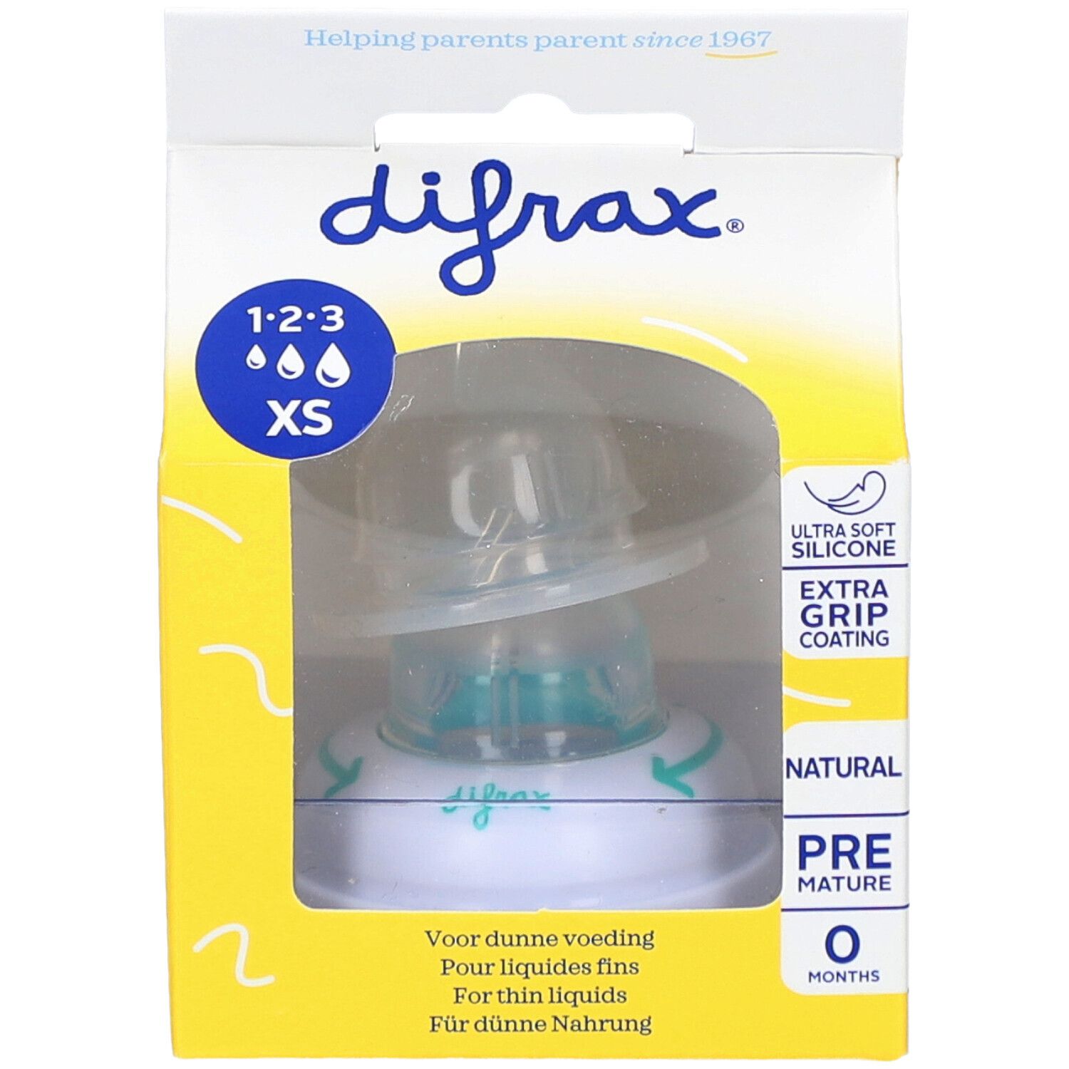 Verpackung mit Sauger. Marke Difrax, Modell 1-2-3 XS. Sichtfenster. Gelb-weißes Design. Text: Für dünne Nahrung.