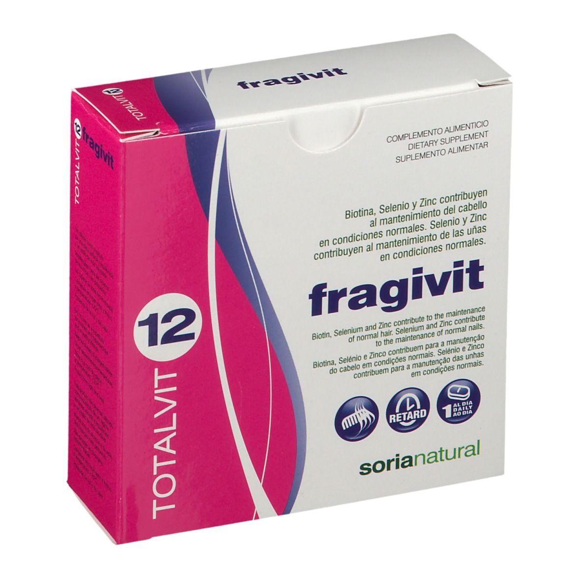 Doos met "fragivit 12" en "TOTALVIT 12". Roze en witte verpakking. Bevat voedingssupplement.