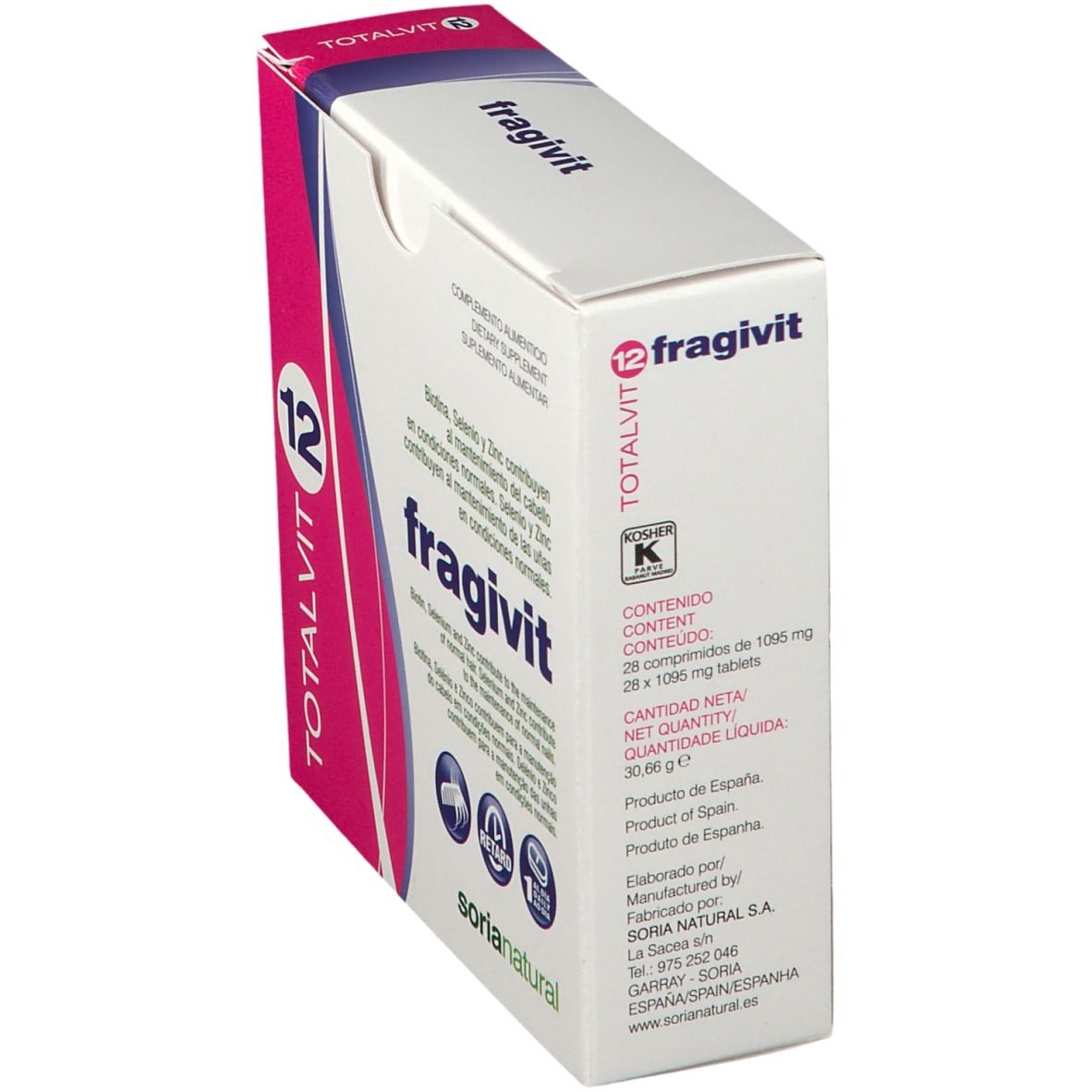 Doos "fragivit 12" en "TOTALVIT 12". Bevat 28 tabletten. Gemaakt in Spanje. Roze en witte verpakking.