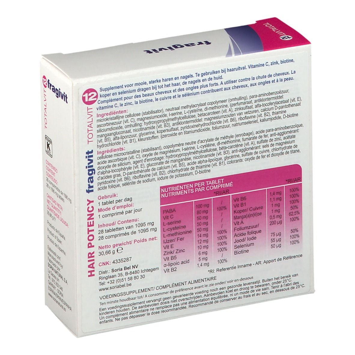 Achterkant van de doos "fragivit 12". Bevat ingrediënten en voedingswaarde-informatie. Roze en witte verpakking.