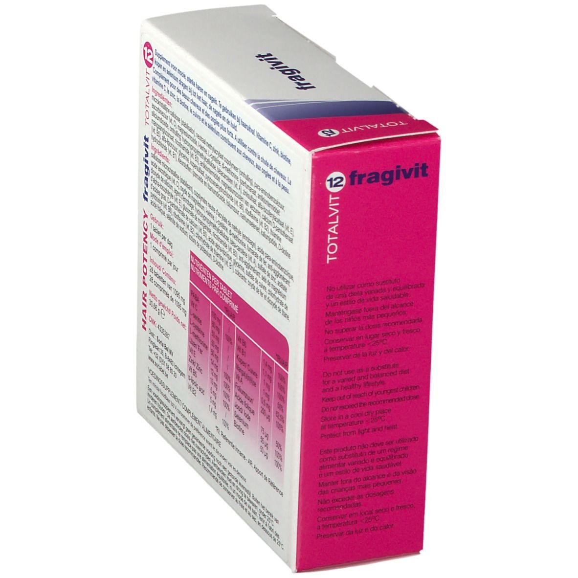 Doos "fragivit 12" en "TOTALVIT 12". Bevat ingrediënten en voedingswaarde-informatie. Roze en witte verpakking.