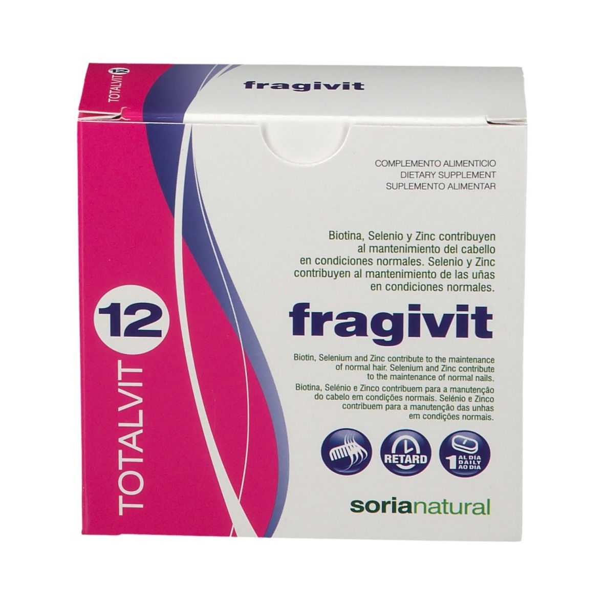 Doos met "fragivit 12" en "TOTALVIT 12". Roze en witte verpakking. Bevat voedingssupplement.