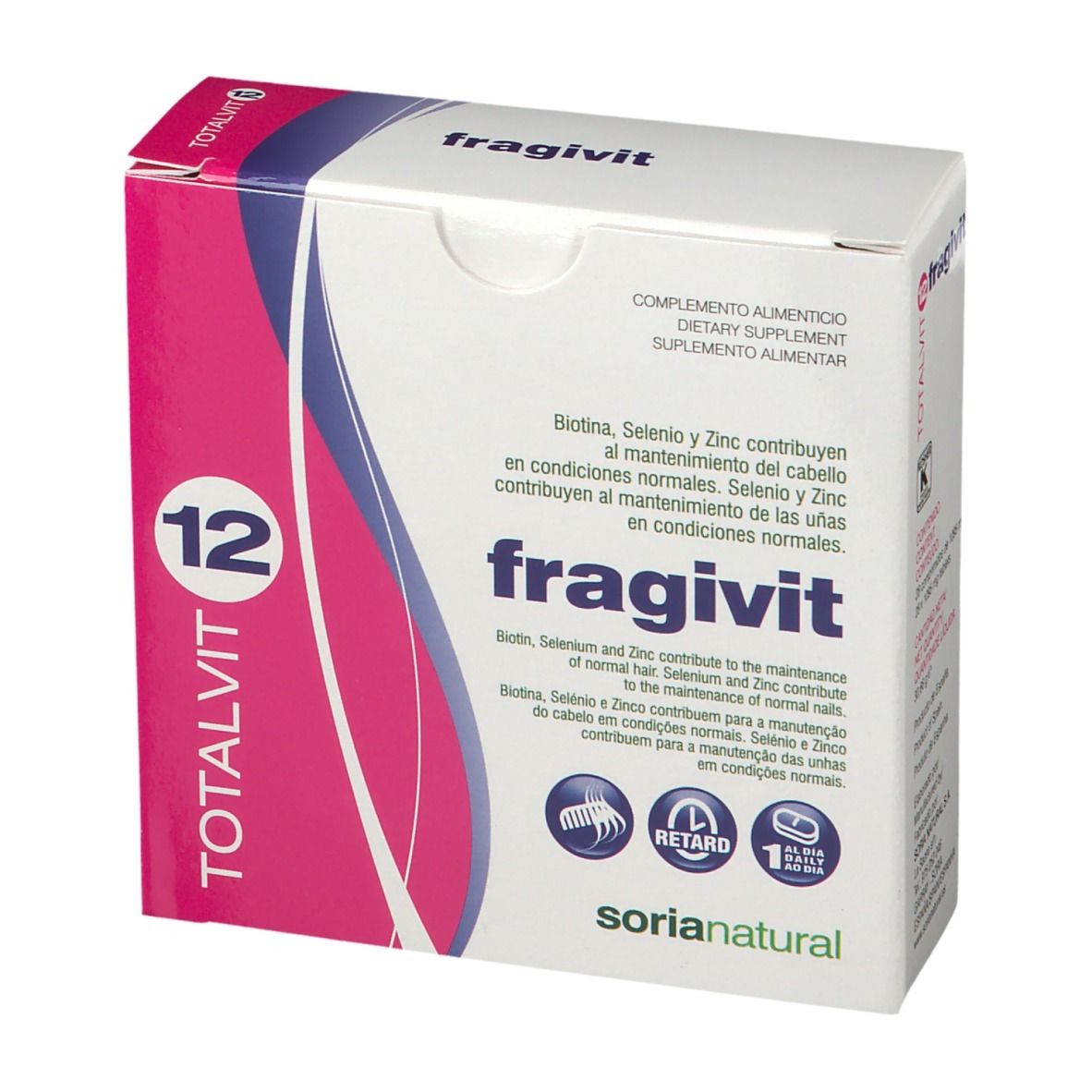 Doos met "fragivit 12" en "TOTALVIT 12". Roze en witte verpakking. Bevat voedingssupplement.