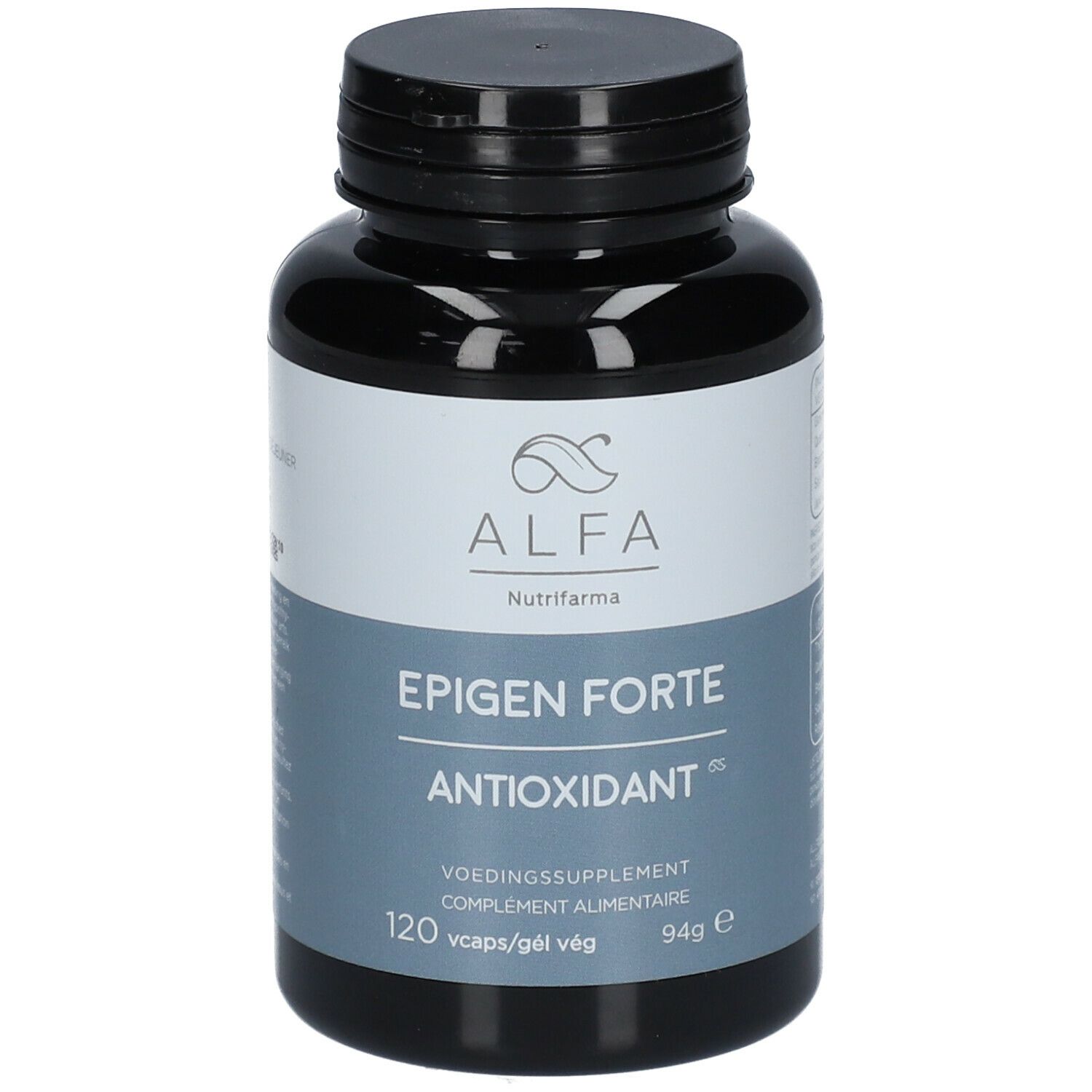 Zwarte fles met wit etiket. Opschrift: Alfa, Epigen Forte, Antioxidant. 120 capsules.