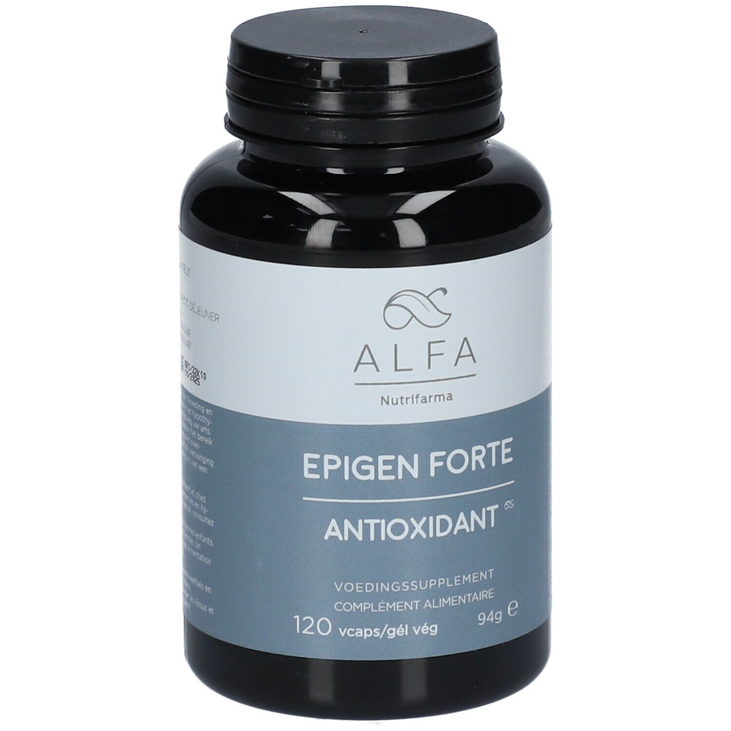 Zwarte fles met wit etiket. Opschrift: Alfa, Epigen Forte, Antioxidant. 120 capsules.