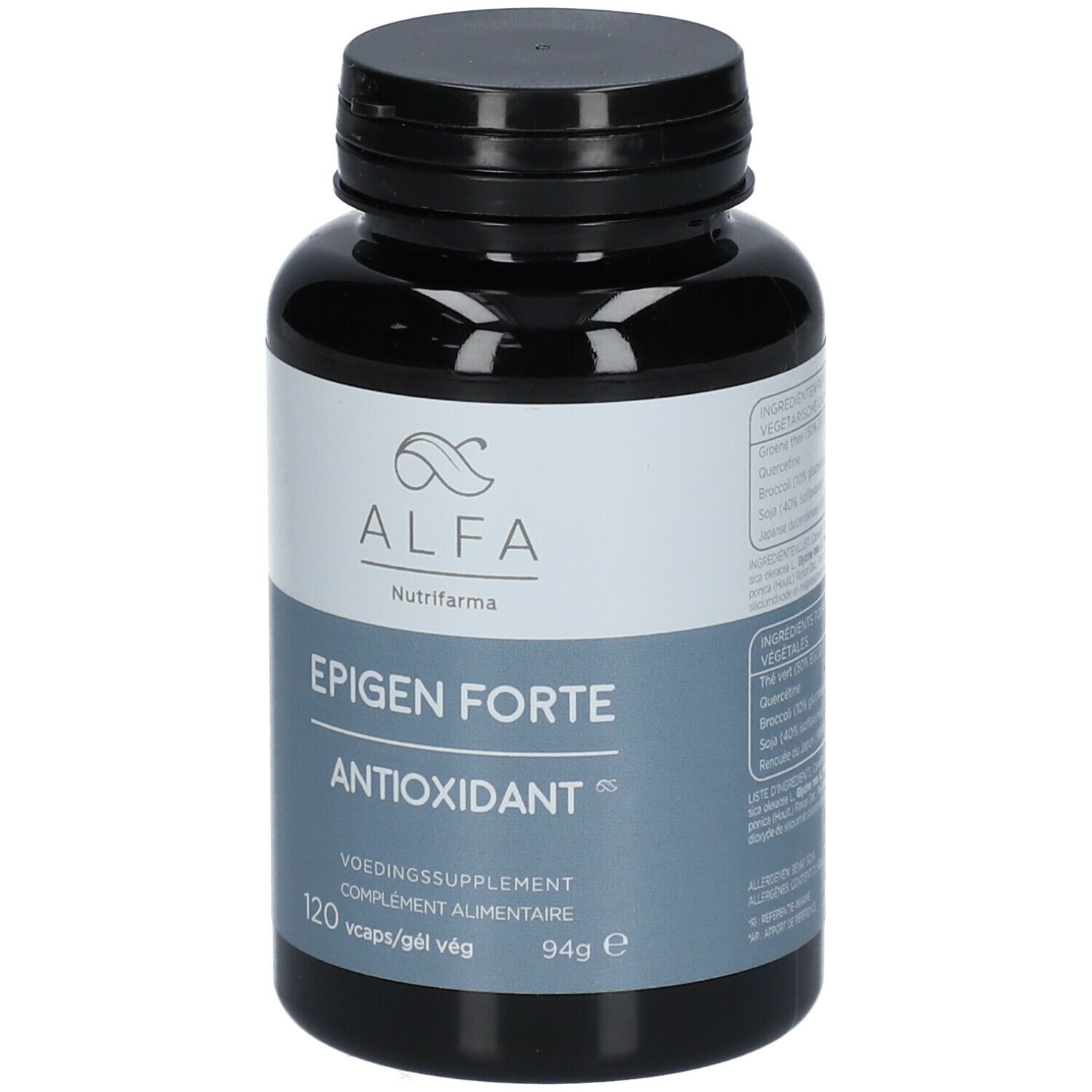 Zwarte fles met wit etiket. Opschrift: Alfa, Epigen Forte, Antioxidant. 120 capsules.
