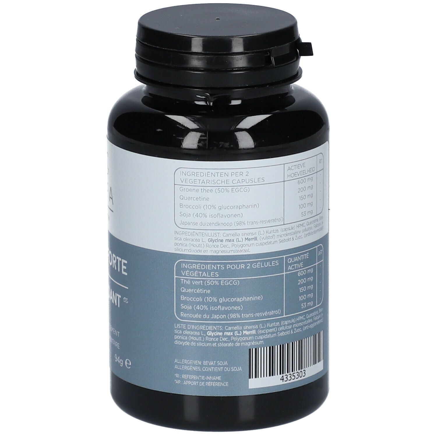 Zwarte fles, detailweergave. Etiket met ingrediënten en dosering. Meerdere talen.