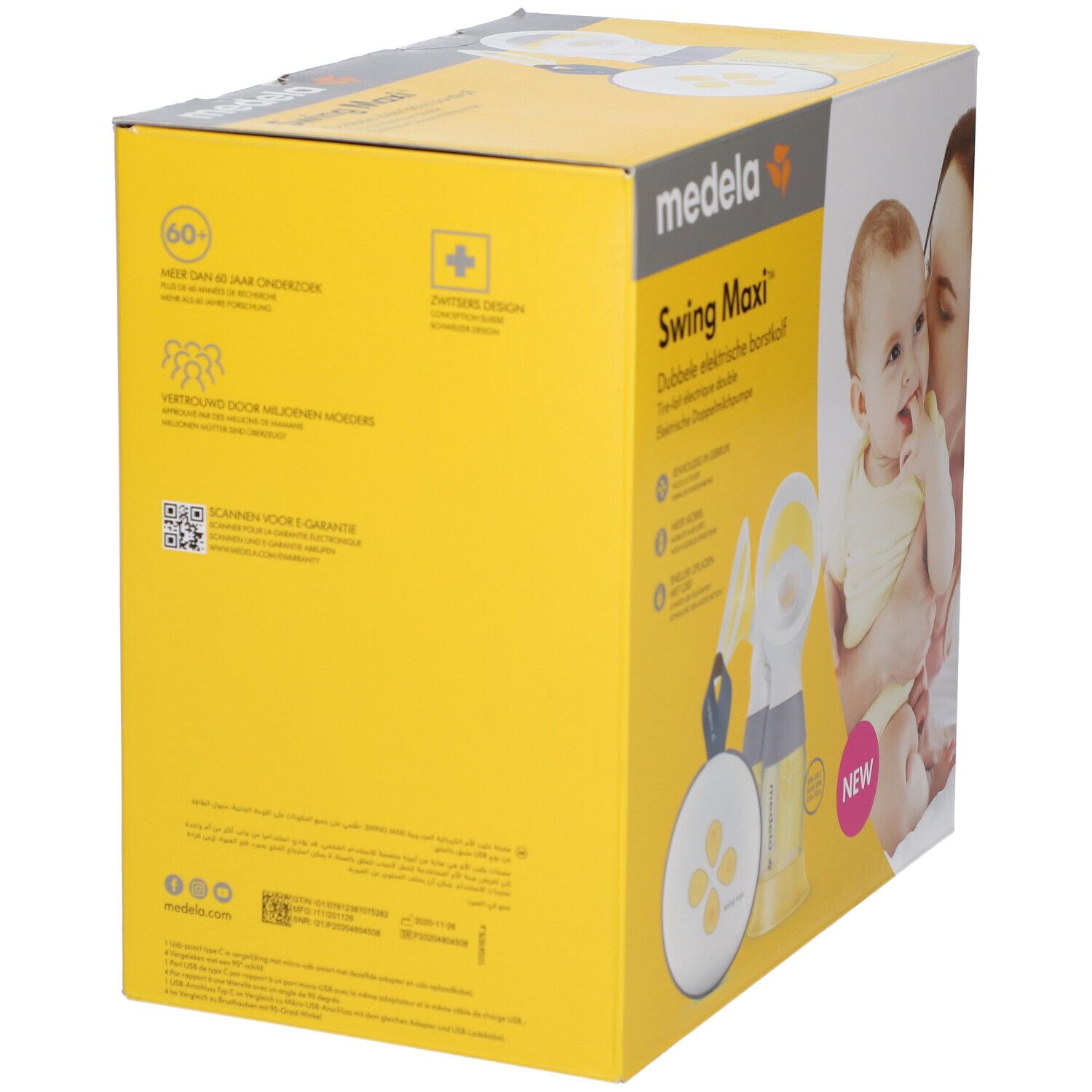 Gele verpakking van de elektrische dubbele borstkolf Swing Maxi Flex™. Afbeelding: product, baby, moeder, logo's.