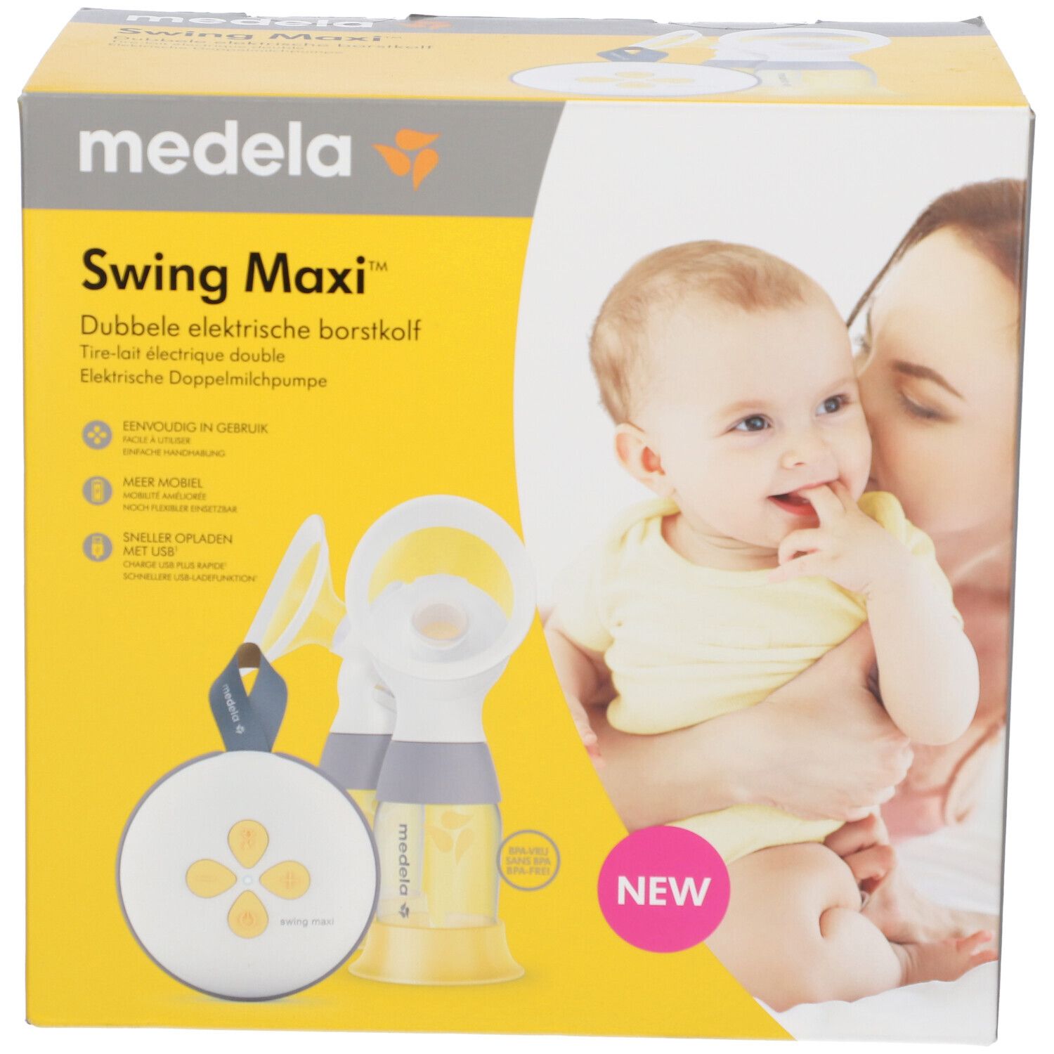 Verpakking van de elektrische dubbele borstkolf Swing Maxi Flex™ van Medela. Afbeelding: product, baby, moeder.