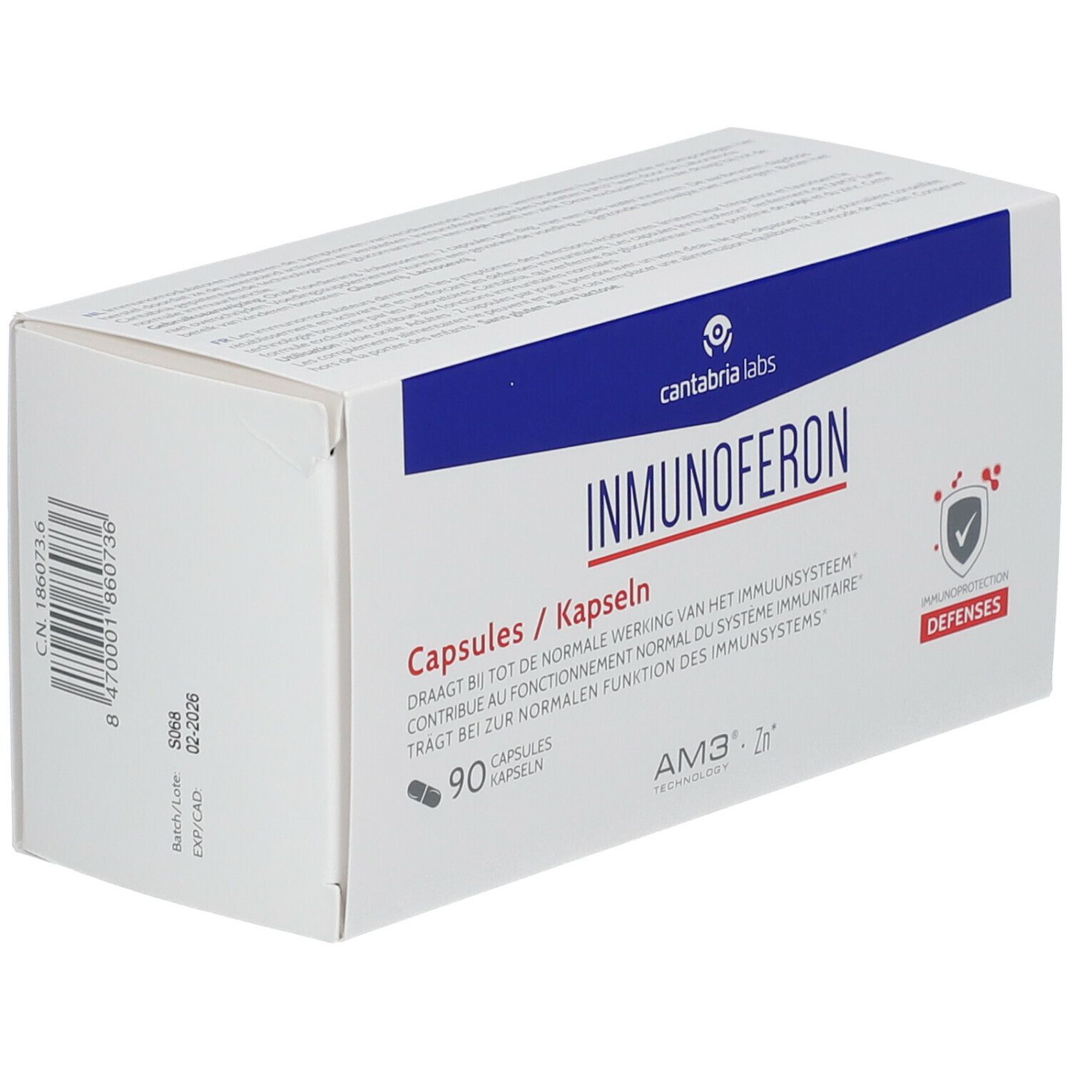 Witte doos met "IMMUNOFERON". Bevat 90 capsules. Logo Cantabria Labs. Defenses-logo.