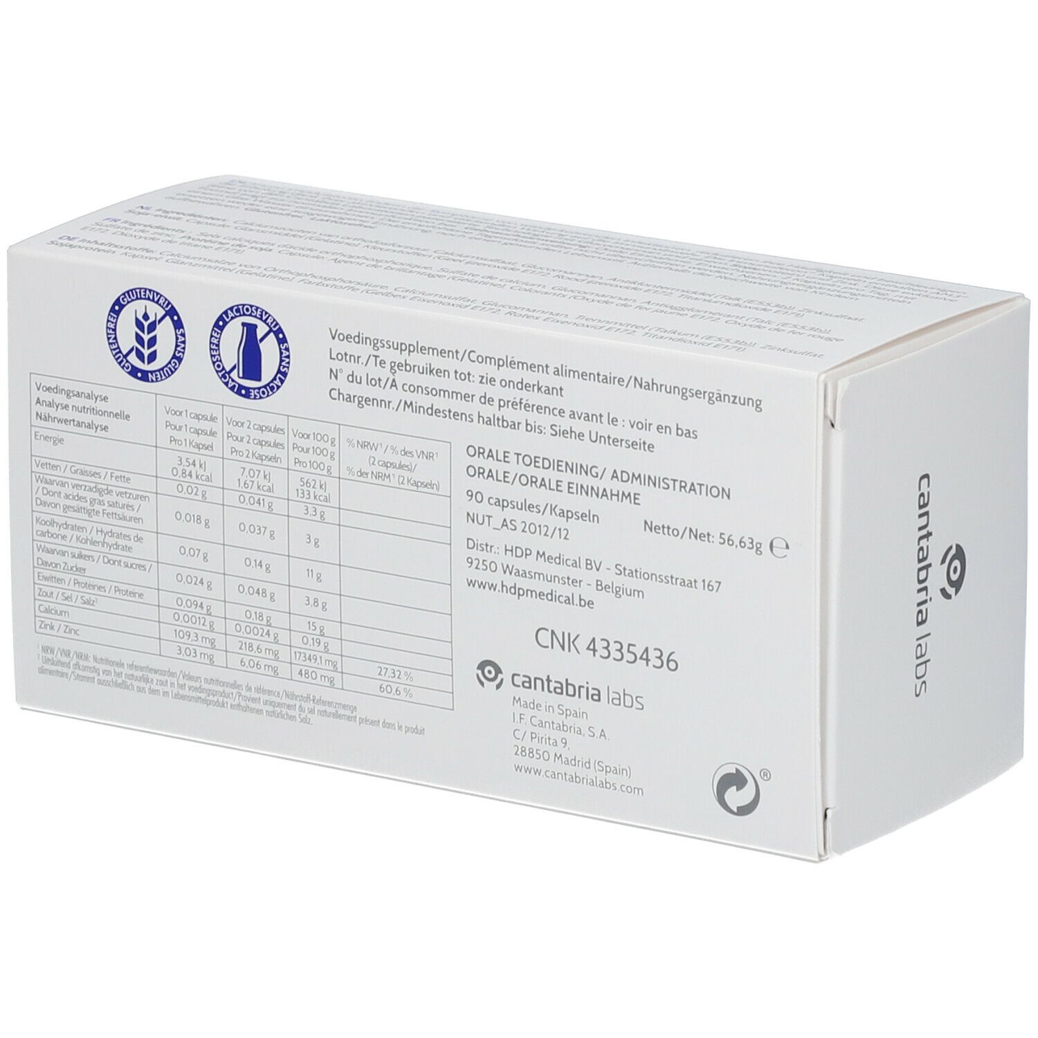 Achterkant van een witte doos. Bevat voedingsinformatie en logo Cantabria Labs. CNK-code.