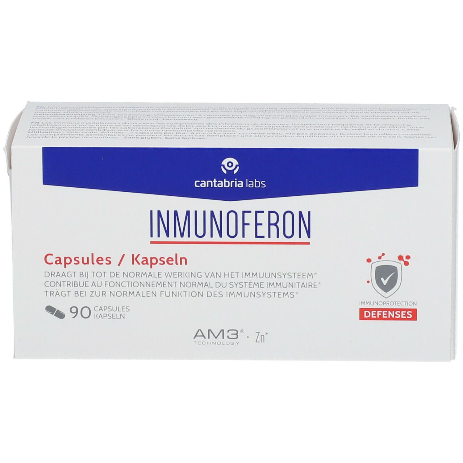 Witte doos met "IMMUNOFERON". Bevat 90 capsules. Logo Cantabria Labs. Defenses-logo.