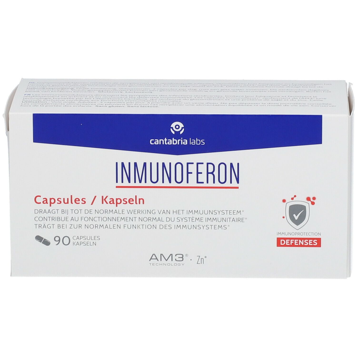 Witte doos met "IMMUNOFERON". Bevat 90 capsules. Logo Cantabria Labs. Defenses-logo.
