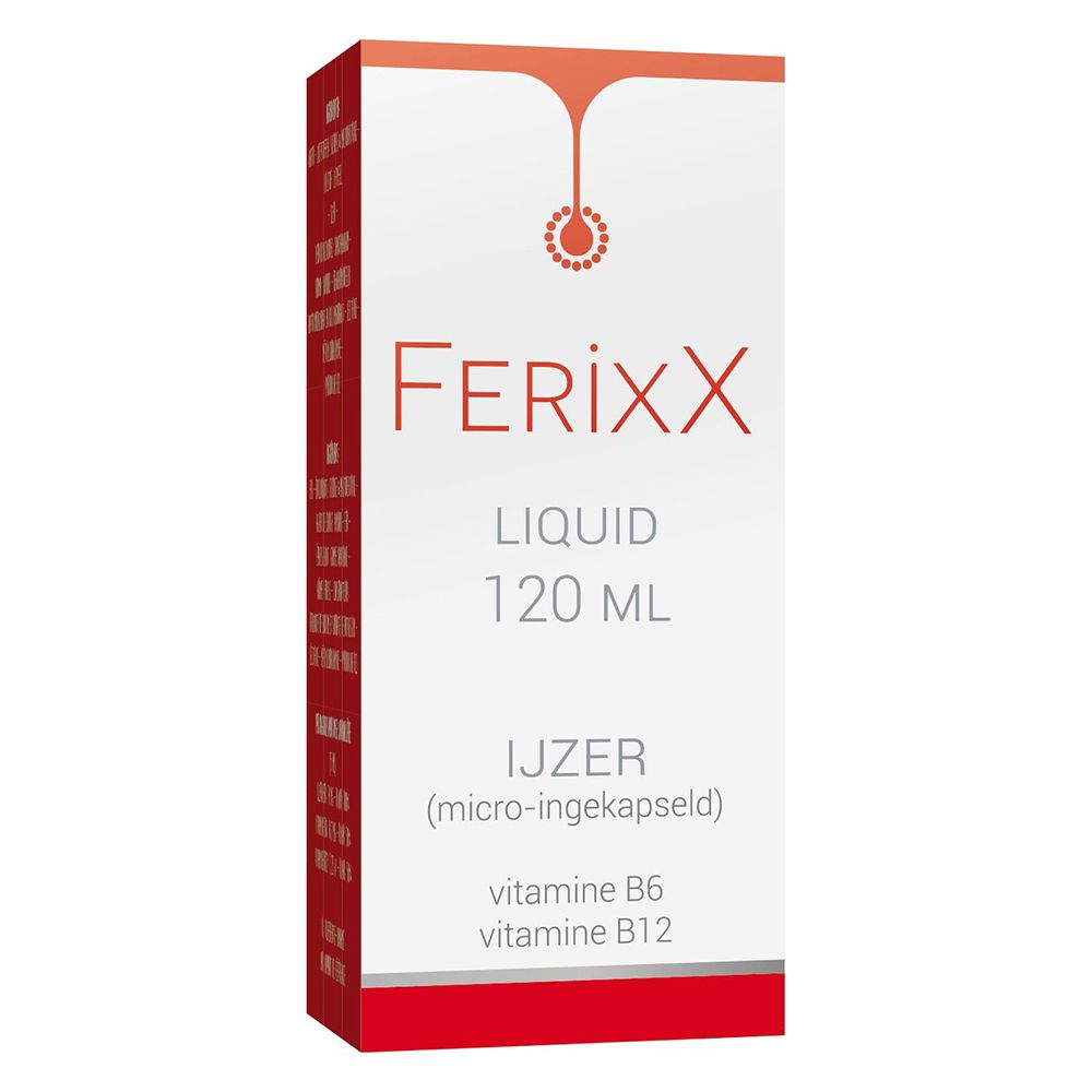 Een doos met rode en witte tekst. De doos toont FerixX LIQUID, 120 ml, IJZER (micro-ingekapseld).