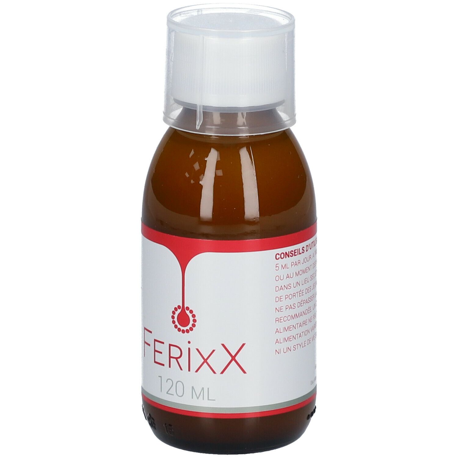 Bruine vloeistof in een fles met witte dop. Etiket toont FerixX en 120 ml.