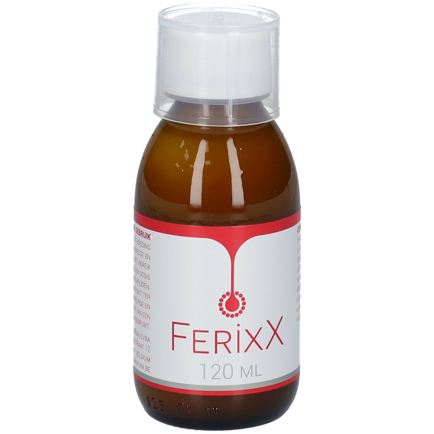 Bruine vloeistof in een fles met witte dop. Etiket toont FerixX en 120 ml.