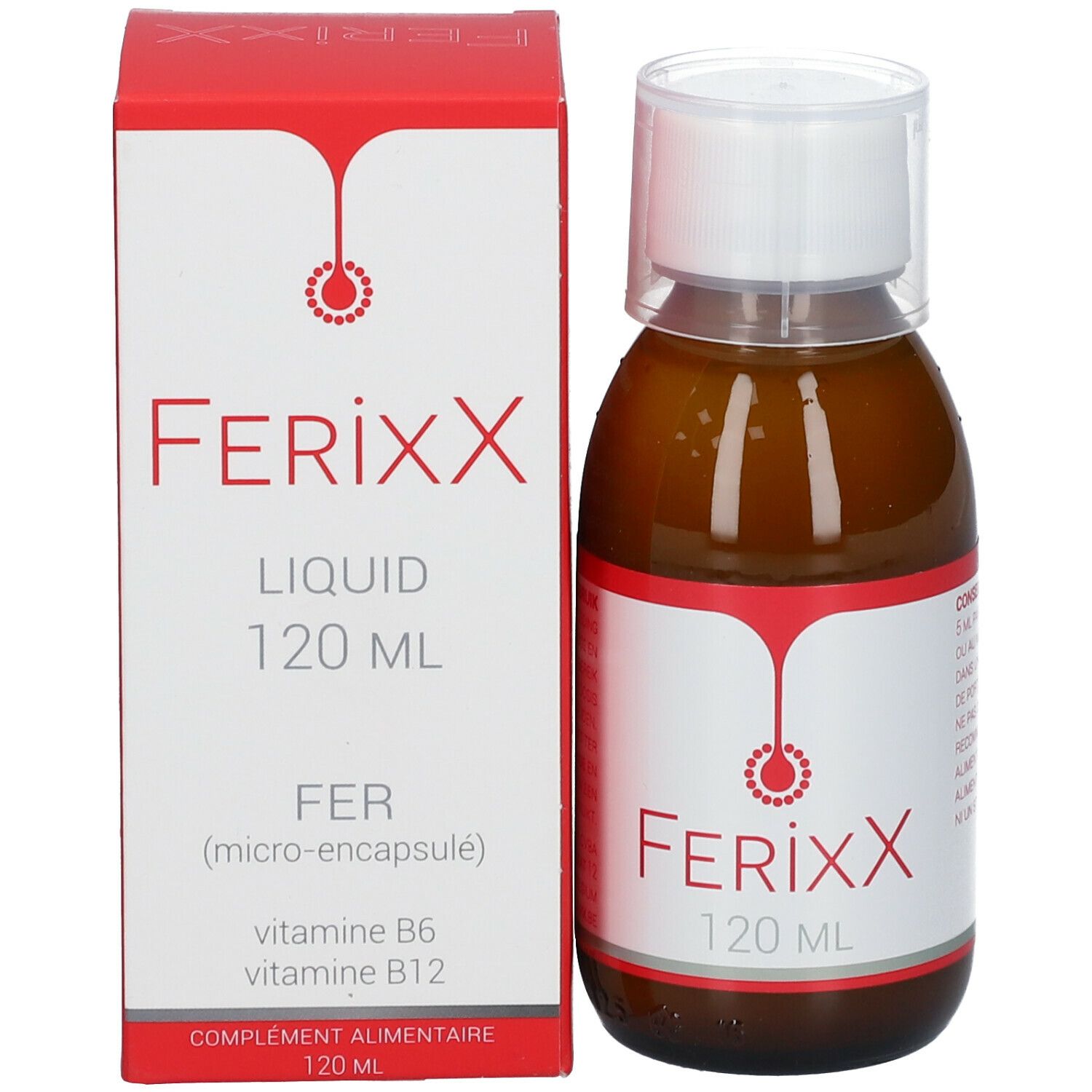 Een fles en een doos. Op de doos staat FerixX LIQUID, 120 ml, FER (micro-encapsulé).
