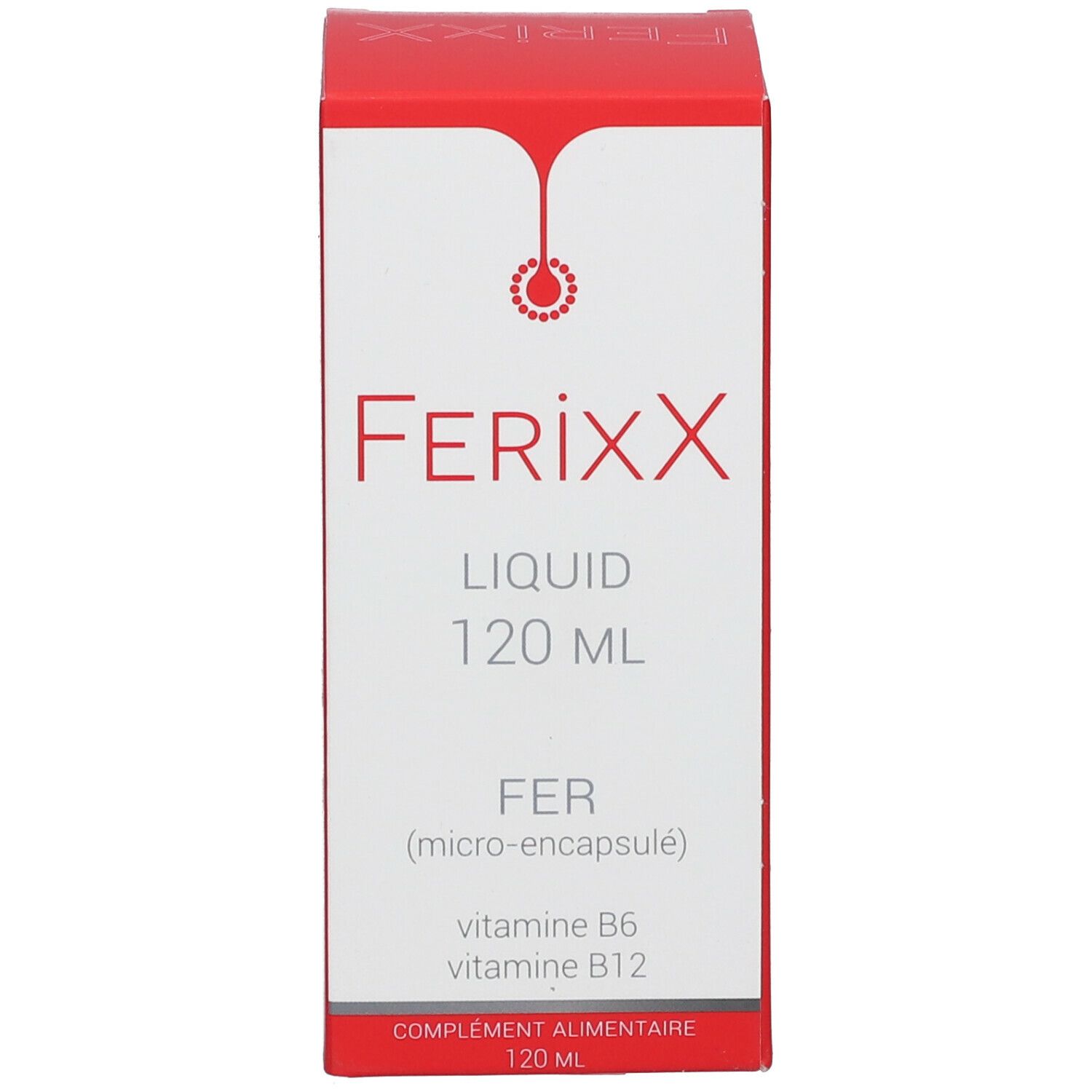 Een doos met rode en witte tekst. De doos toont FerixX LIQUID, 120 ml, FER (micro-encapsulé).