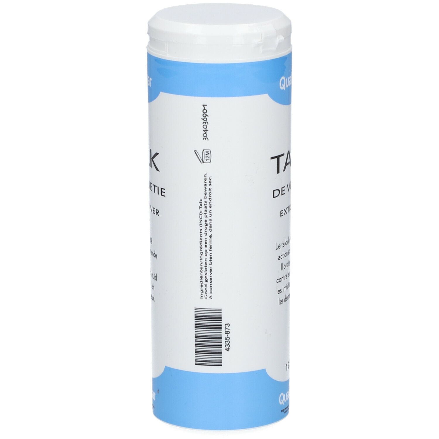 Achterkant van de cilindrische doos. Qualiphar Talk. Barcode en tekst. Blauw-witte verpakking.