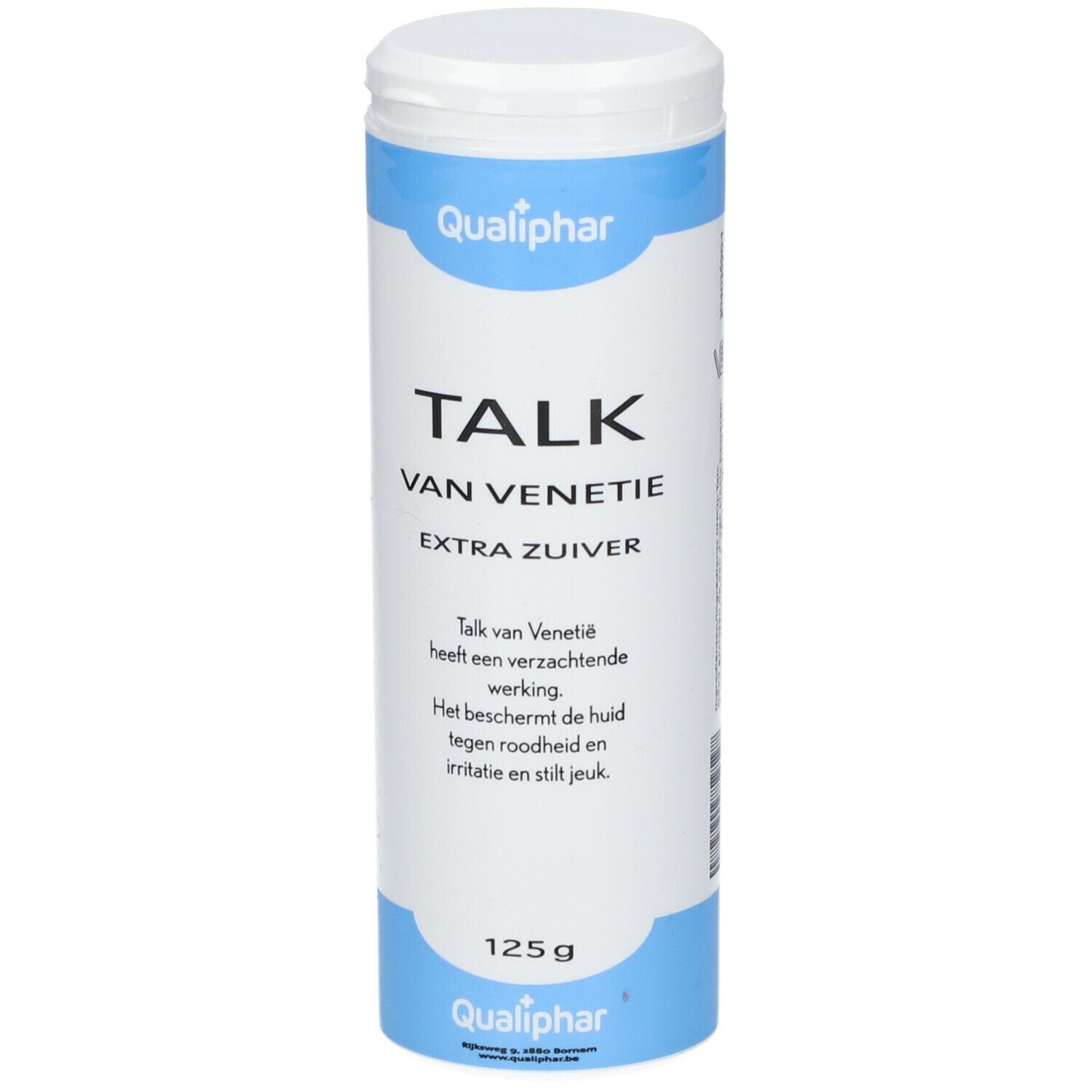 Cilindrische doos met Qualiphar Talk. Opschrift: TALK VAN VENETIE EXTRA ZUIVER. 125g. Blauw-witte verpakking.
