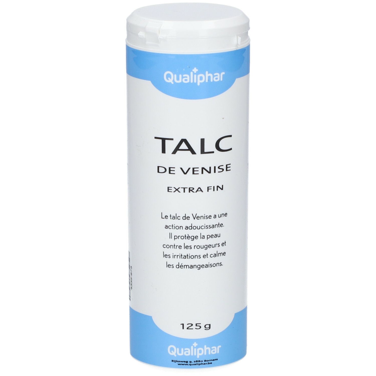 Cilindrische doos met Qualiphar Talk. Opschrift: TALC DE VENISE EXTRA FIN. 125g. Blauw-witte verpakking.