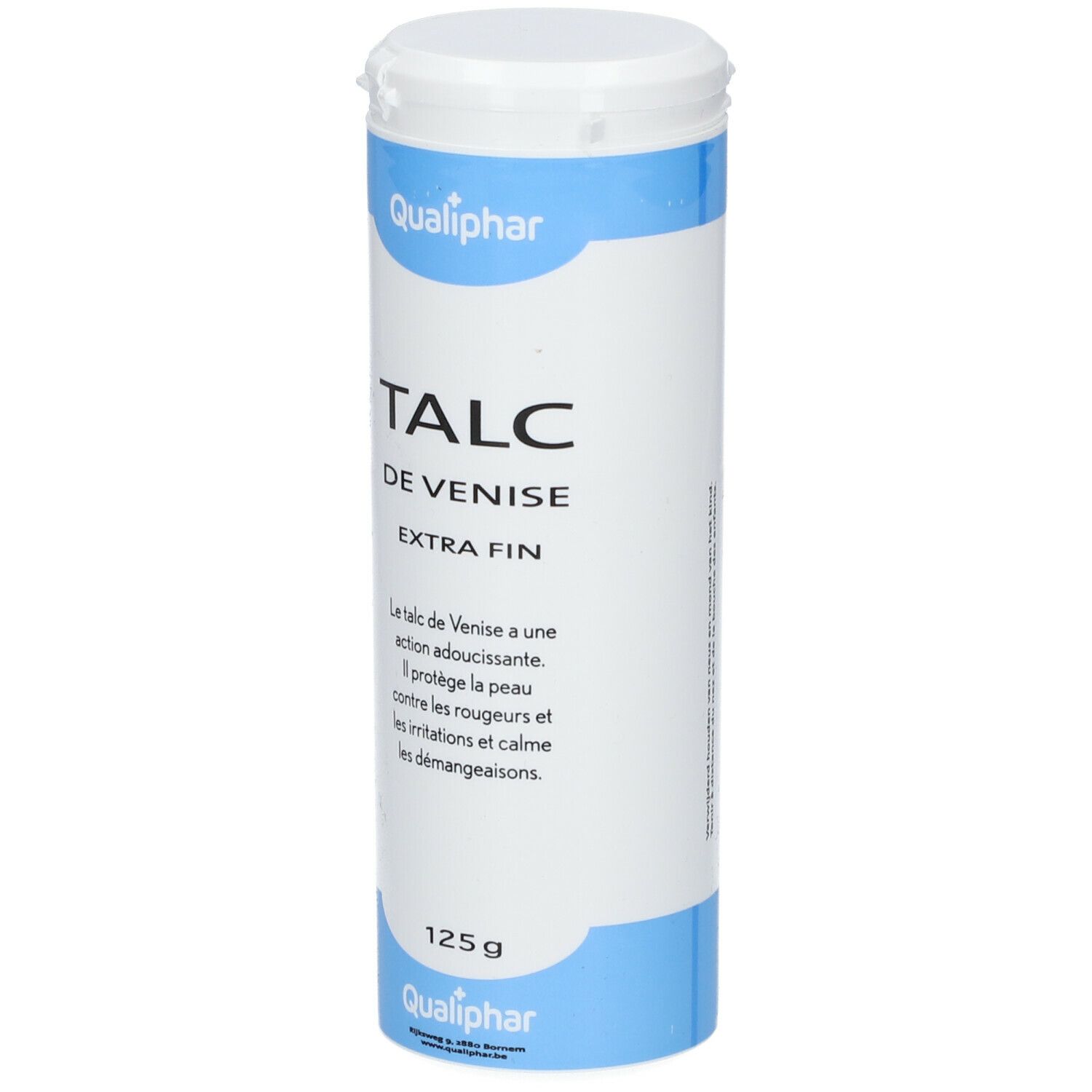 Cilindrische doos met Qualiphar Talk. Opschrift: TALC DE VENISE EXTRA FIN. 125g. Blauw-witte verpakking.