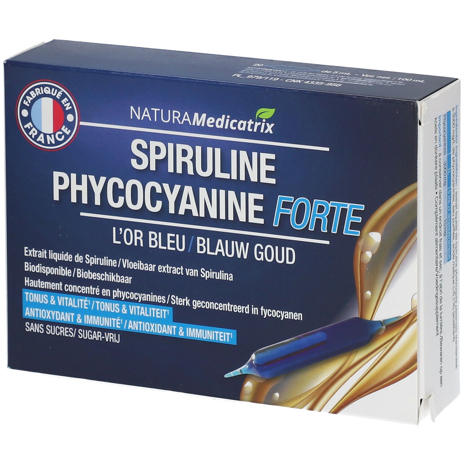 Blau-weiße Schachtel mit Produktnamen NATURAMedicatrix Spiruline Phycocyanine Forte. Französische Flagge und Ampulle abgebildet.