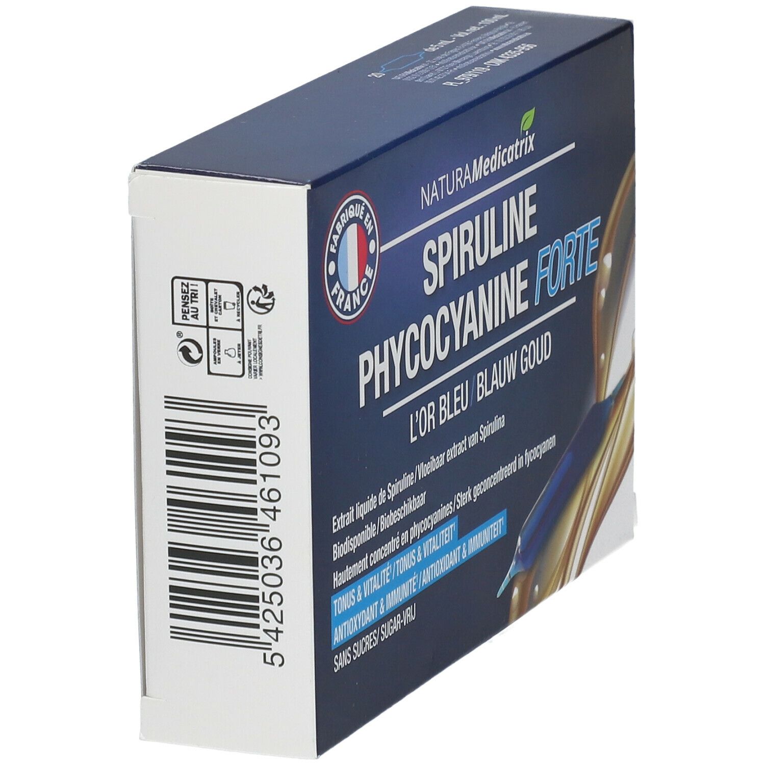 Schachtel mit Produktnamen Spiruline Phycocyanine Forte. Barcode und französische Flagge auf der Seite.