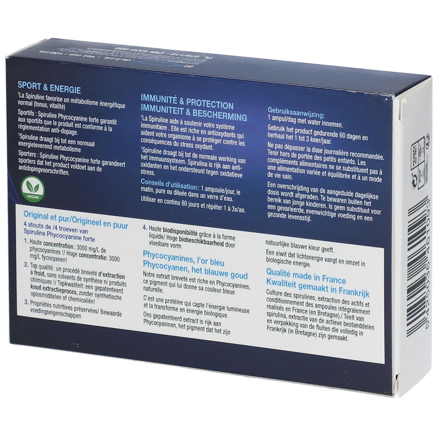 Rückseite der Schachtel mit Produktinformationen. Text in Französisch und Niederländisch. Enthält Informationen zu Inhaltsstoffen und Anwendung.