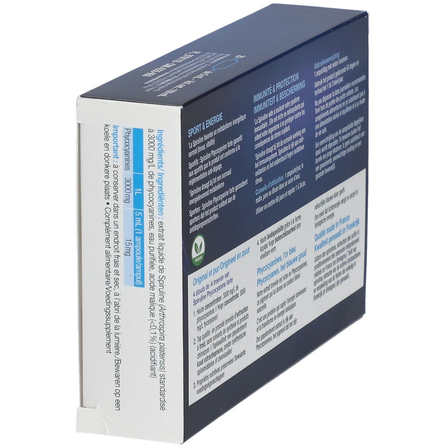 Seitenansicht der Schachtel mit Produktinformationen. Text in Französisch und Niederländisch. Enthält Informationen zu Inhaltsstoffen.