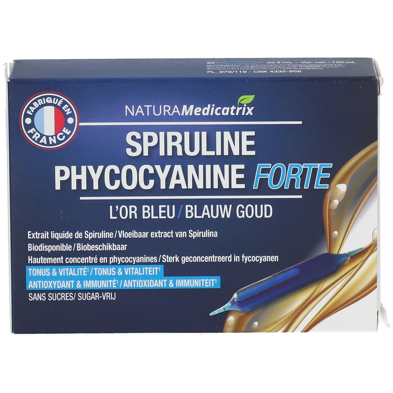 Blau-weiße Schachtel mit Produktnamen NATURAMedicatrix Spiruline Phycocyanine Forte. Französische Flagge und Ampulle abgebildet.