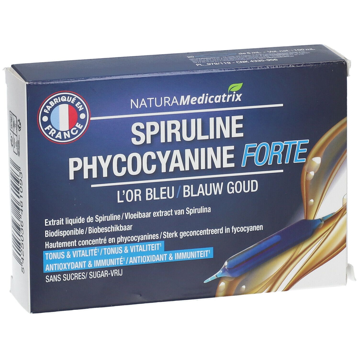 Blau-weiße Schachtel mit Produktnamen NATURAMedicatrix Spiruline Phycocyanine Forte. Französische Flagge und Ampulle abgebildet.