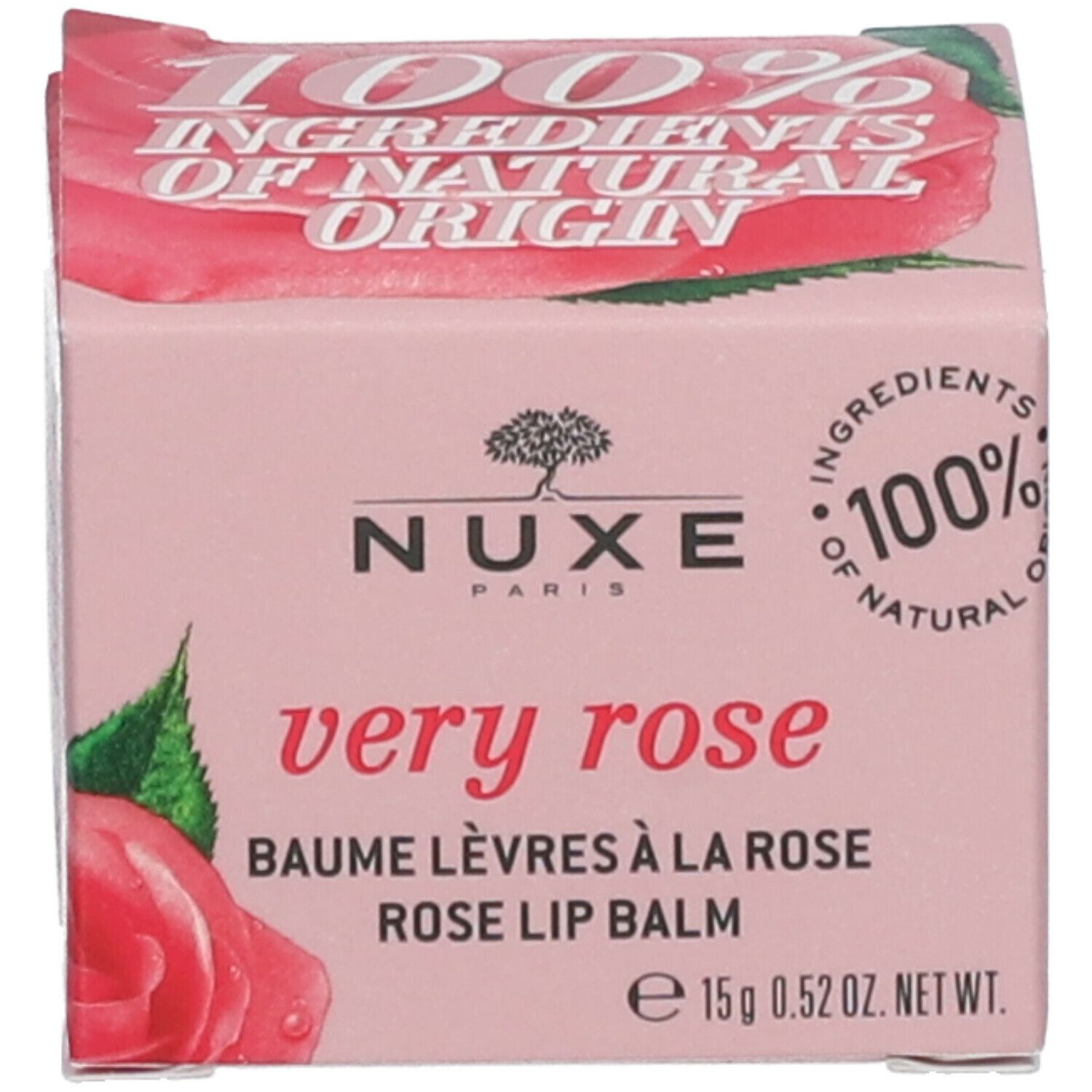 Verpakking van Nuxe Very Rose lippenbalsem. Roze doos met tekst: 100% ingrediënten van natuurlijke oorsprong. Nettogewicht 15g.