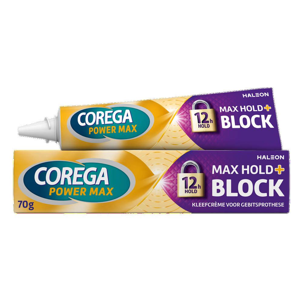 Corega Power Max-tube en verpakking. Tube met 70g. Opschrift: Max Hold + Block, 12 uur houvast.