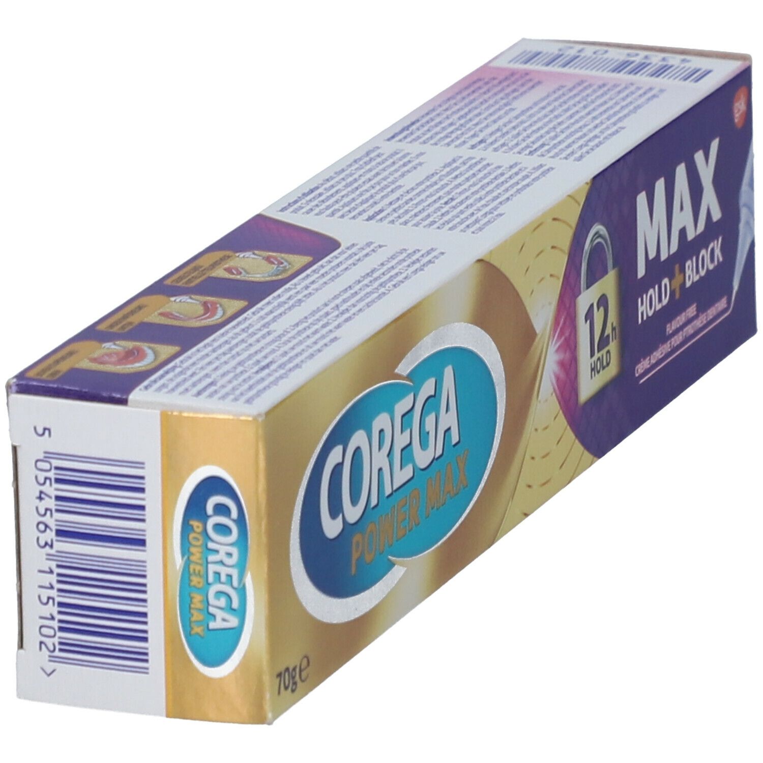 Boîte Corega Power Max en biais. Inscription: Max Hold + Block, 70g. Emballage violet et doré.