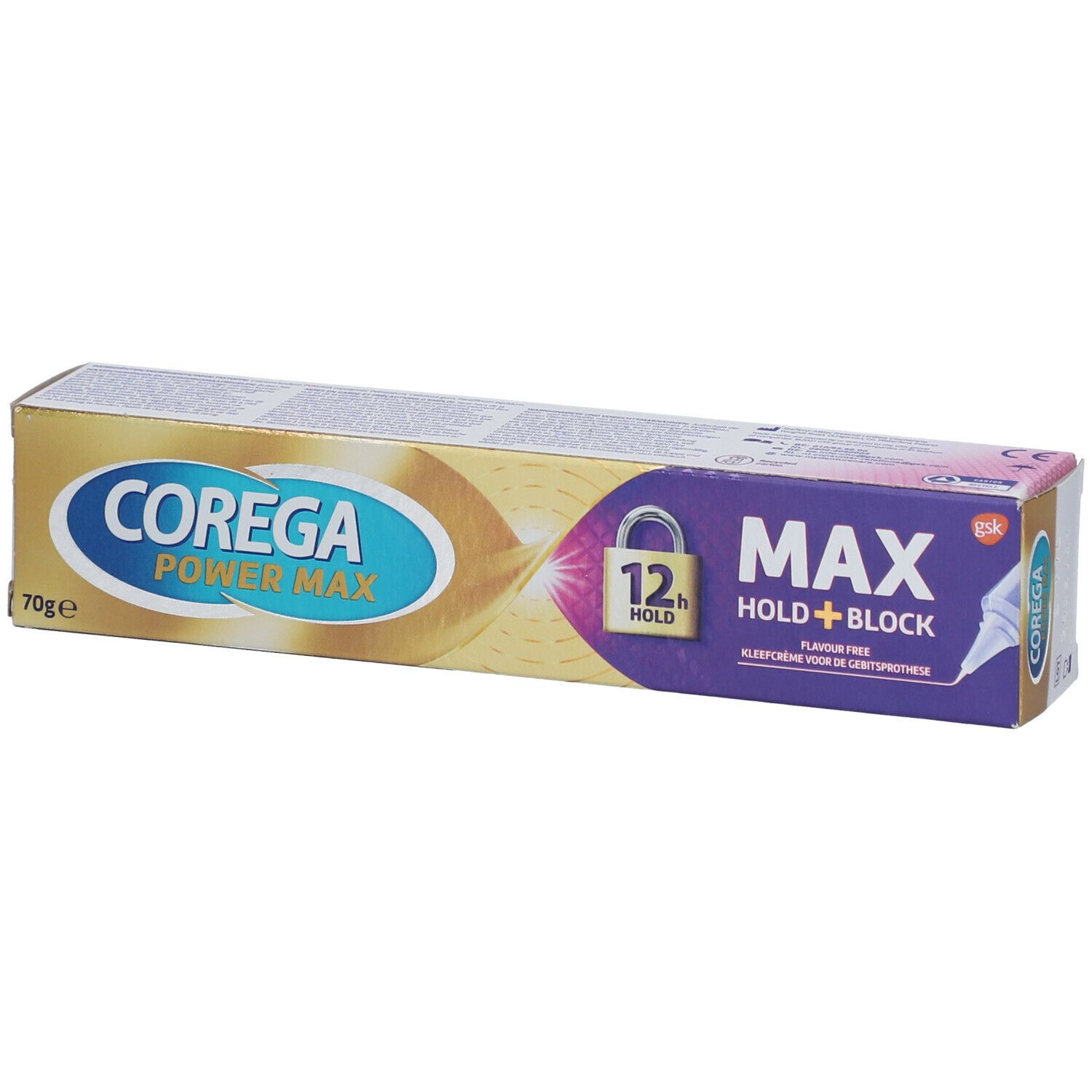 Boîte de Corega Power Max. Inscription: Max Hold + Block, 70g. Emballage violet et doré.