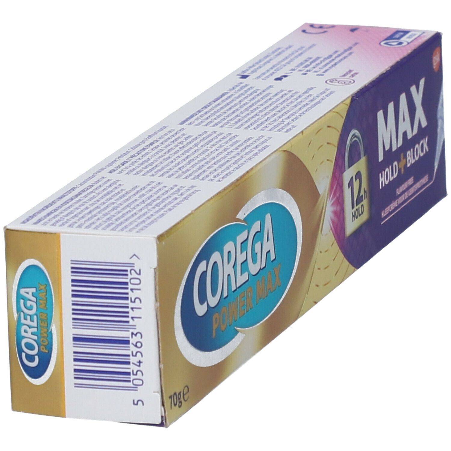 Boîte Corega Power Max en biais. Inscription: Max Hold + Block, 70g. Emballage violet et doré.