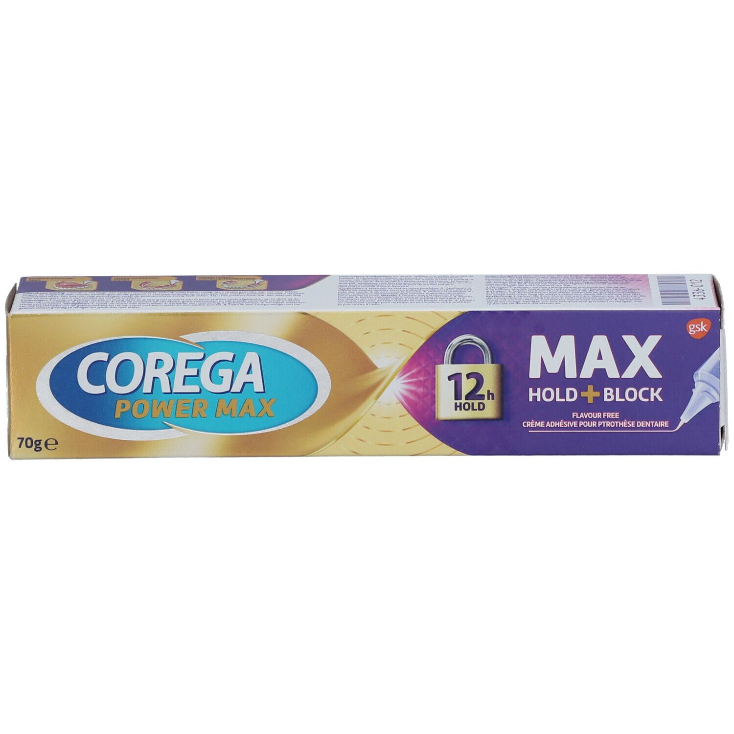 Boîte de Corega Power Max. Inscription: Max Hold + Block, 70g. Emballage violet et doré.
