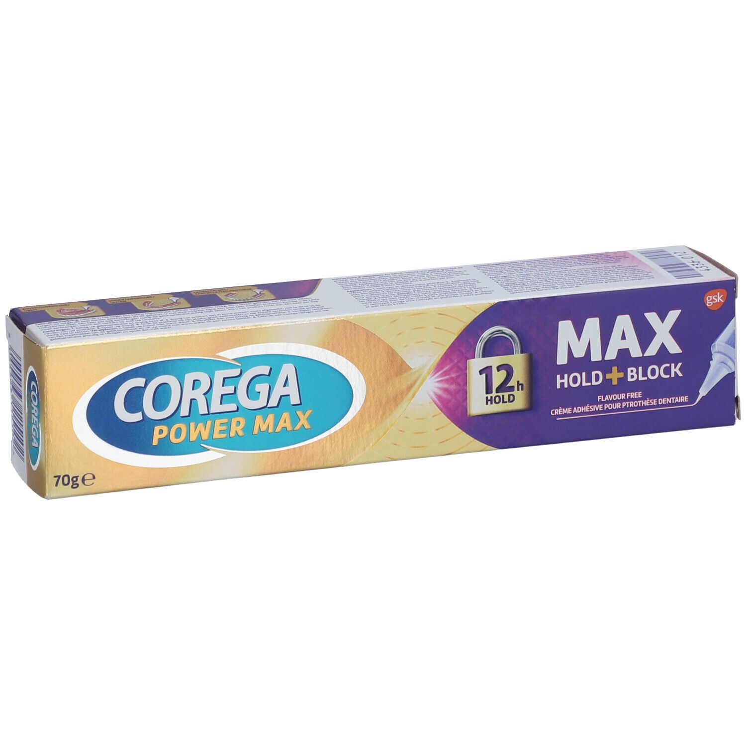 Boîte de Corega Power Max. Inscription: Max Hold + Block, 70g. Emballage violet et doré.