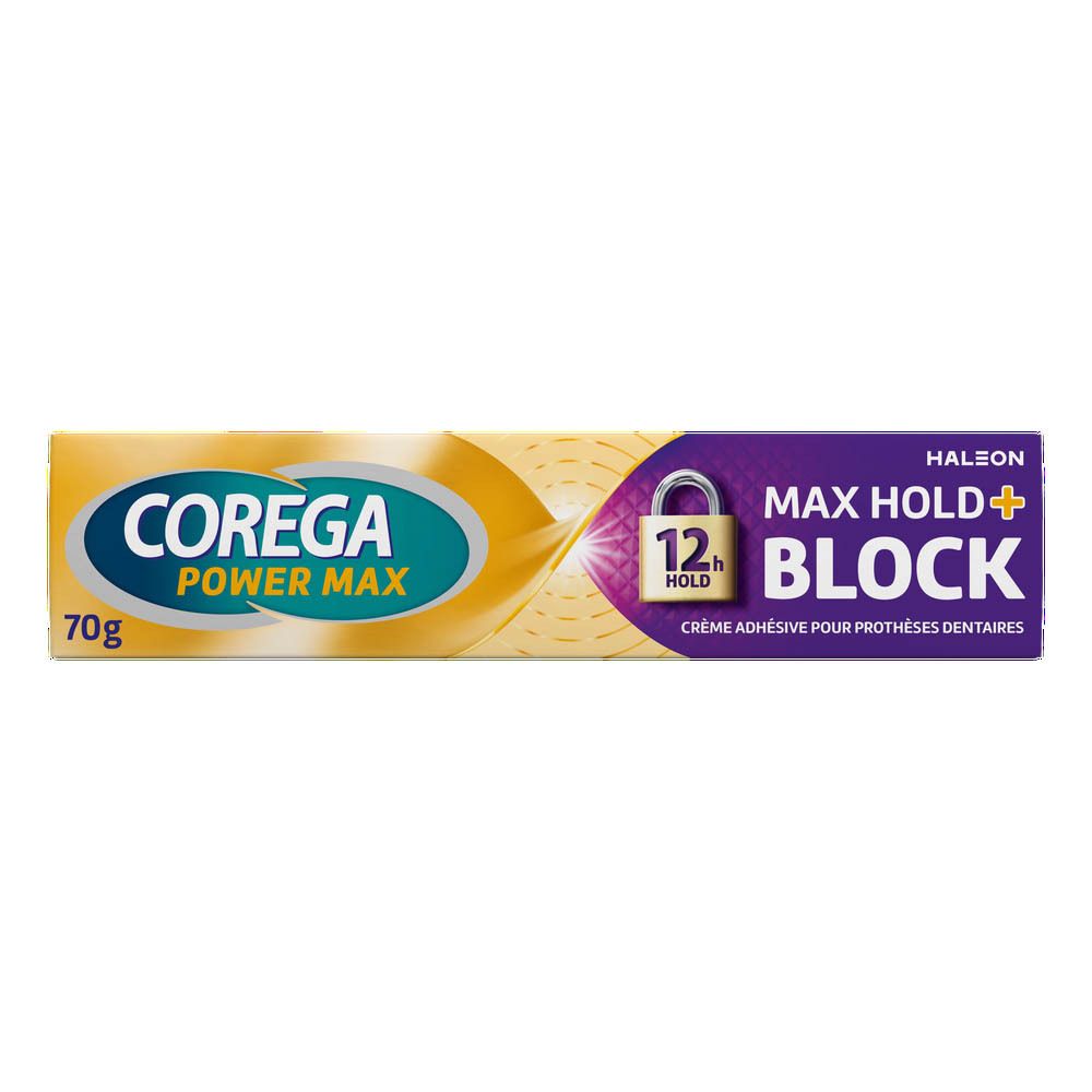 Tube et boîte de Corega Power Max. Inscription: Max Hold + Block, 70g. Violet et doré.