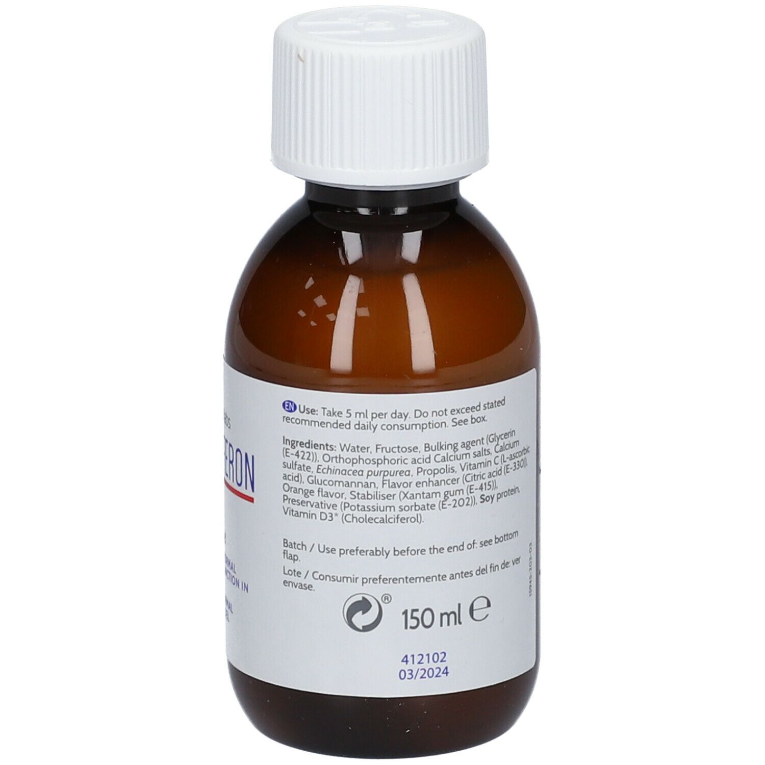 Bruine fles met witte dop. Etiket met productinformatie en tekst. 150 ml.