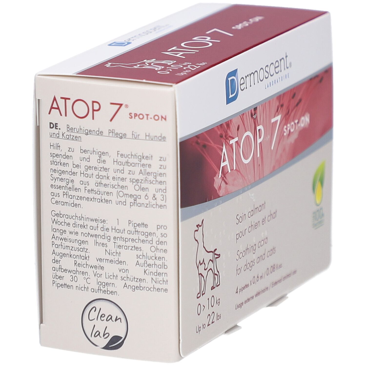 ATOP 7 Spot-on Box. Side view with product information in German. Contains 4 pipettes. For dogs and cats.