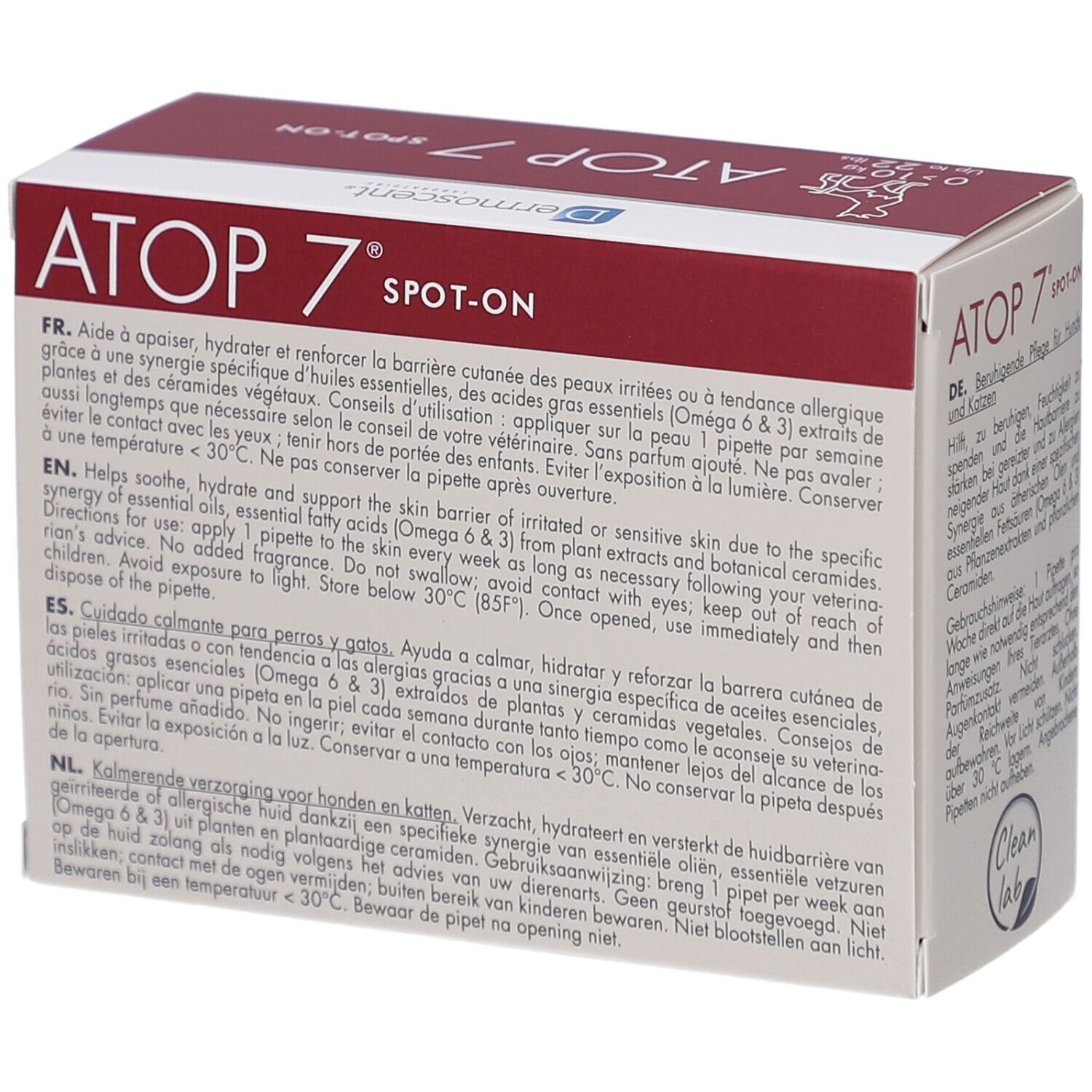 ATOP 7 Spot-on Box. Side view with product information in multiple languages. Contains 4 pipettes. For dogs and cats.