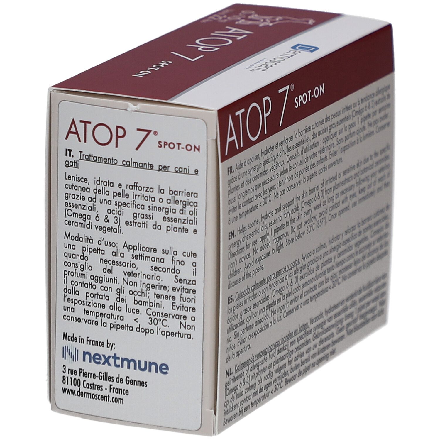 ATOP 7 Spot-on Box. Side view with product information in Italian. Contains 4 pipettes. For dogs and cats.