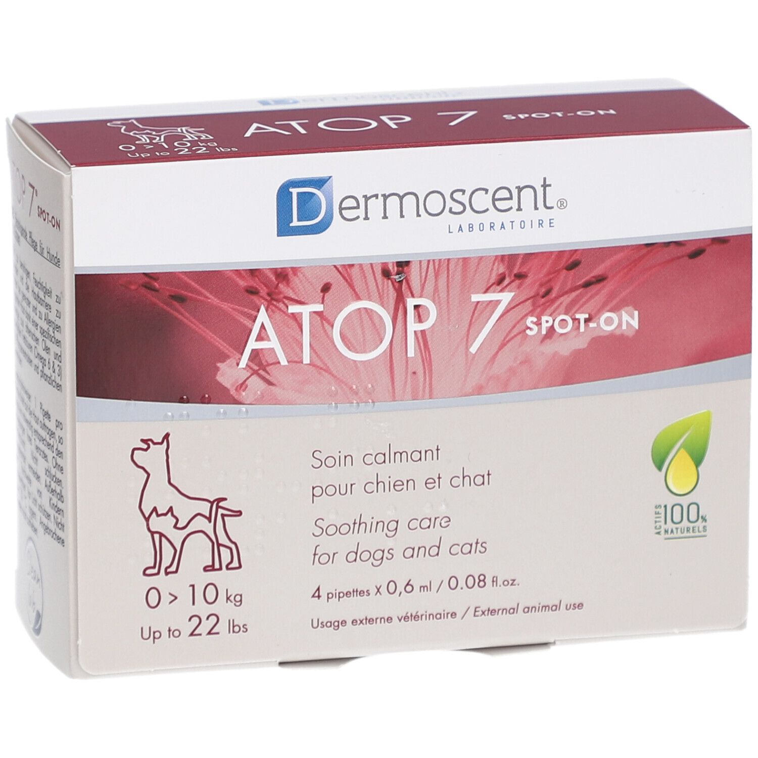 ATOP 7 Spot-on Box. Front view. For dogs and cats. Contains 4 pipettes. Weight range: 0-10 kg.
