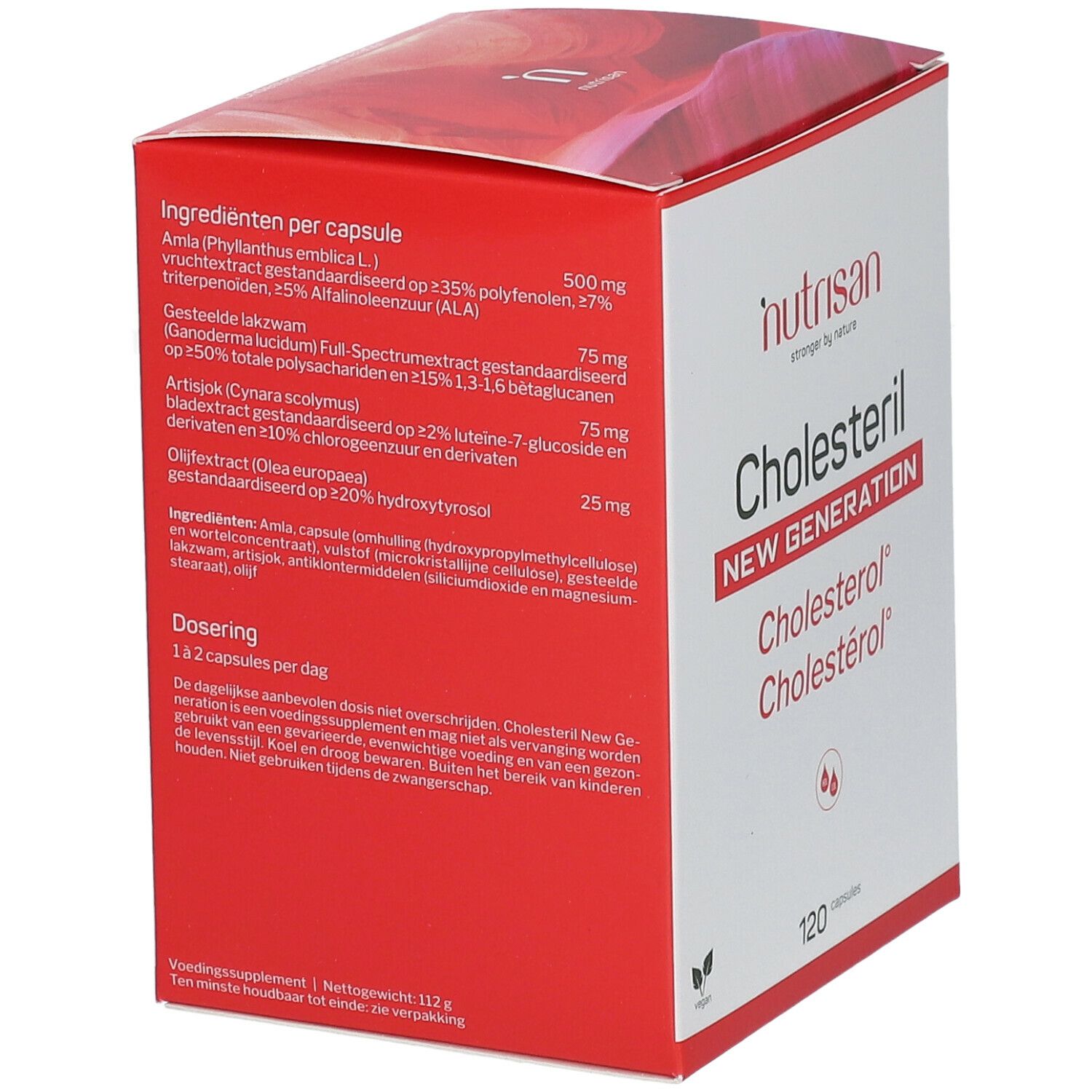 Doos Cholesteril New Generation. Ingrediënten per capsule en dosering op de achterkant. 120 capsules.