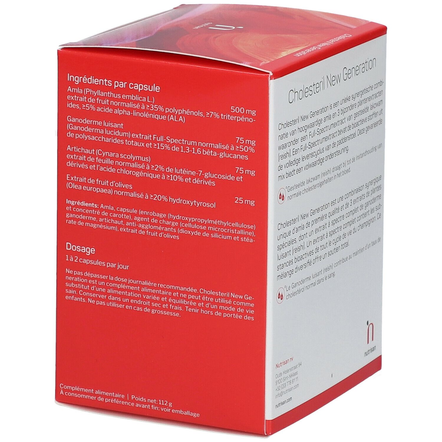 Doos Cholesteril New Generation. Ingrediënten per capsule en dosering op de achterkant. 120 capsules.