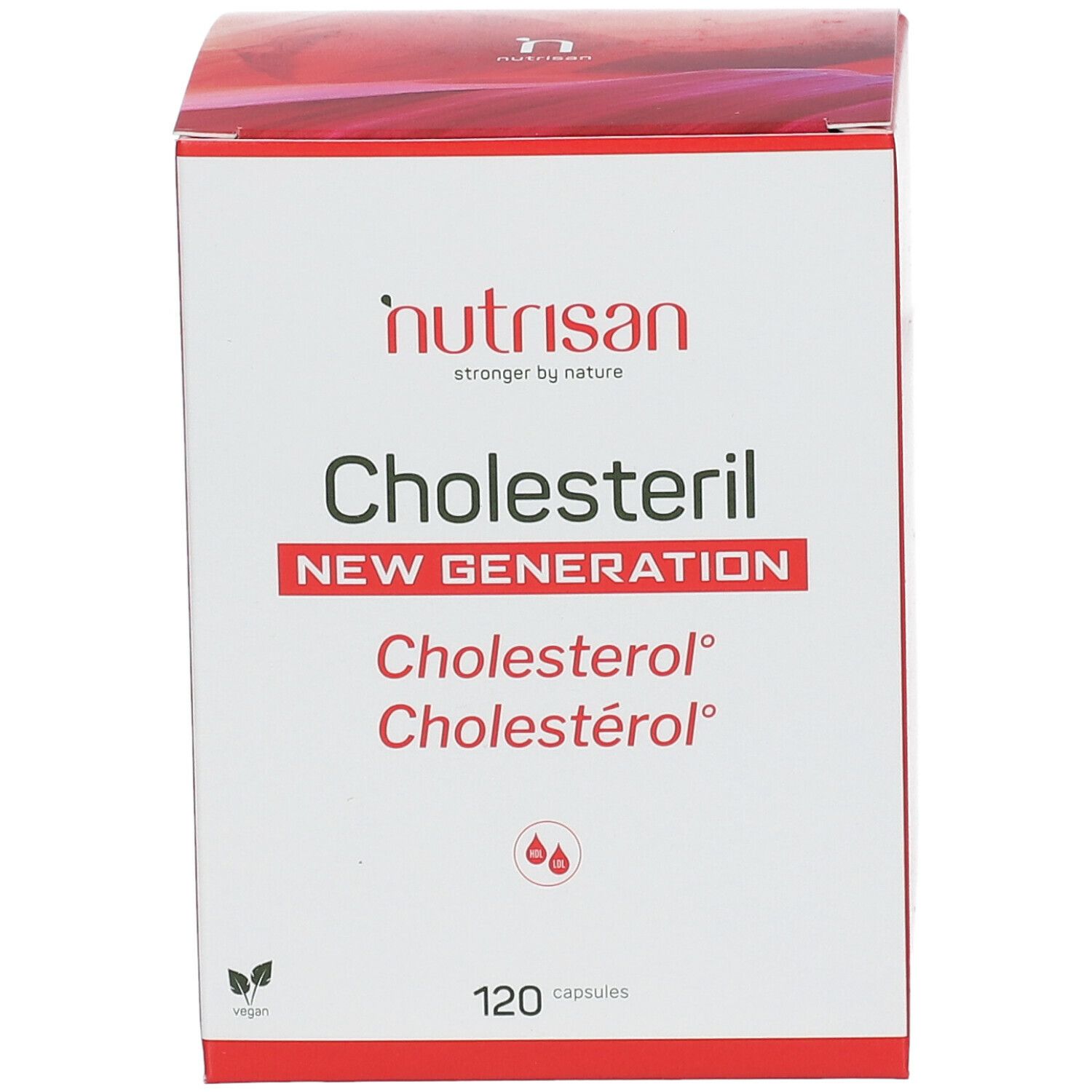 Doos Cholesteril New Generation. Voorkant met naam en logo. 120 capsules. Vegan logo.