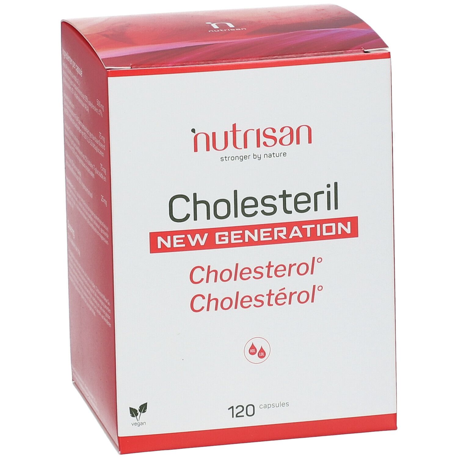 Doos Cholesteril New Generation. Voorkant met naam en logo. 120 capsules. Vegan logo.