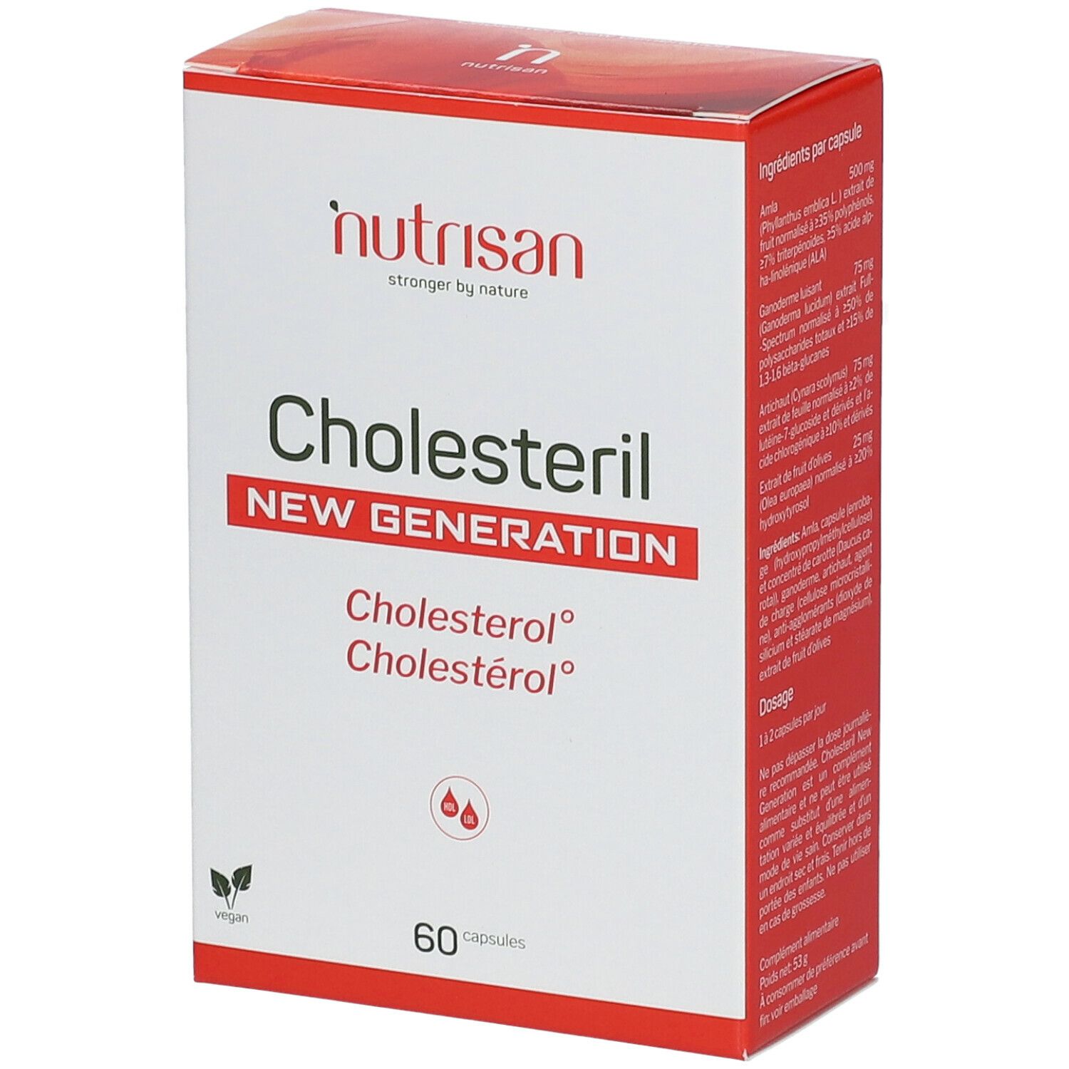 Witte doos met rode tekst. Opschrift: Nutrisan Cholesteril New Generation. 60 capsules. Vegan-zegel.